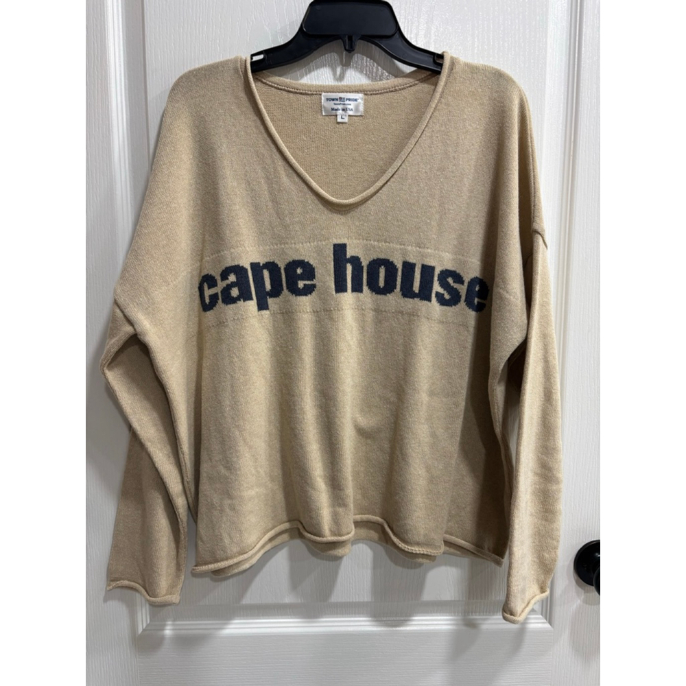 Women's Town Pride Custom Beige Navy Cape House V-Neck Sweater Large